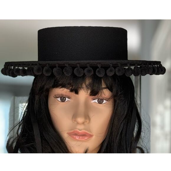 Vintage Black Cordobes, flamenco, Equestrian Hat with wide brim and pom poms - Picture 2 of 12